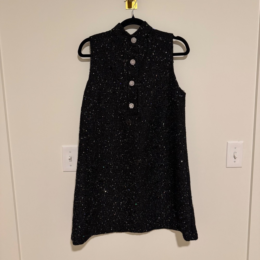 Zara Black Sequin Tweed Shift Dress Rhinestone Button Mock Neck Sleeveless Large